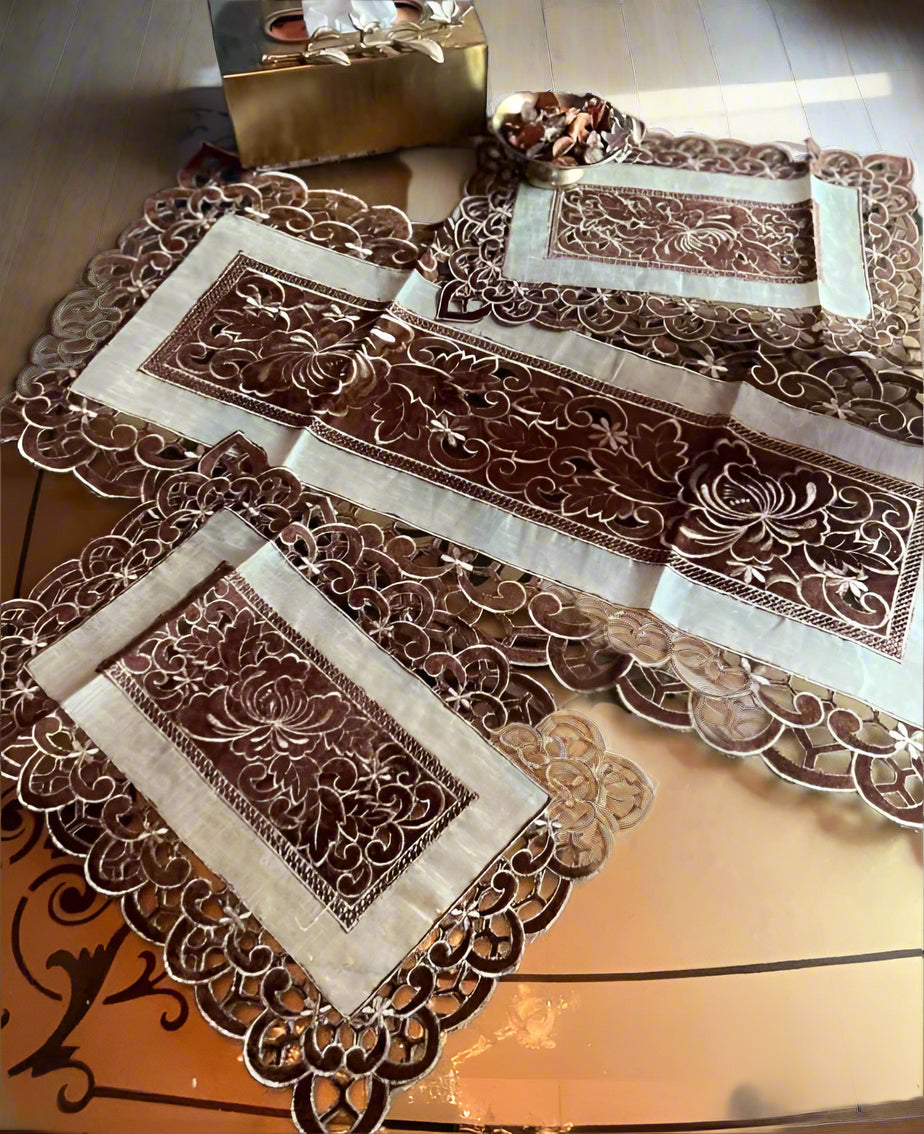 "Elegant 3-Piece China Table mat's Set with Fabric-Covered Base"