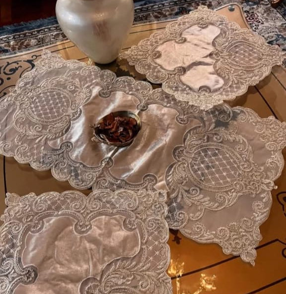 "Elegant 3-Piece China Table mat's Set with Fabric-Covered Base"