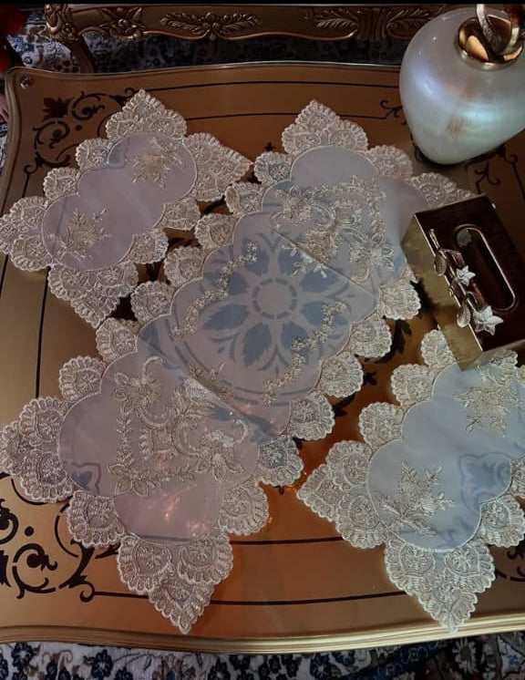 "Elegant 3-Piece China Table mat's Set with Fabric-Covered Base"